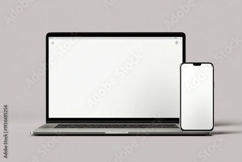 Front view of open laptop and smartphone with blank white screens
