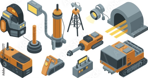 Isometric industrial mining and construction machines set with drilling equipment generators tunnels lights and heavy machinery illustration collection