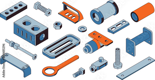 Isometric mechanical engineering parts collection with metal brackets bolts screws and machine components industrial hardware illustration set