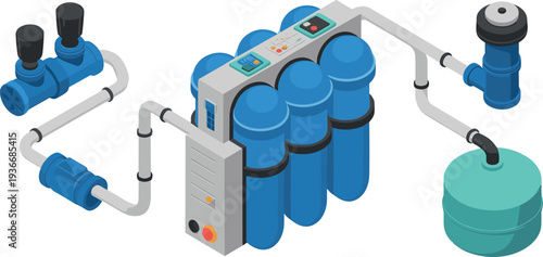 Isometric industrial water purification system with filtration tanks pipes valves and control panel, clean drinking water treatment technology illustration