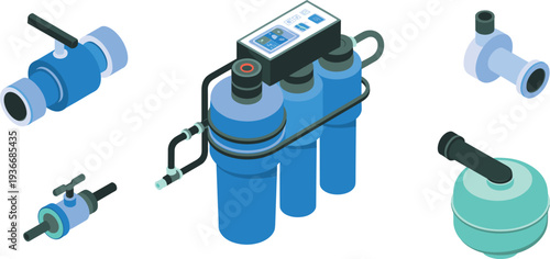 Isometric water filtration system set, industrial water purifier equipment with valves pipes and filter tanks, clean water treatment illustration