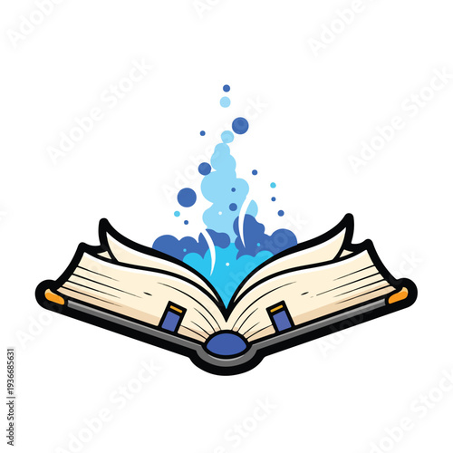 An open book with magical blue splashes and glowing elements on a clean background from a straightforward viewpoint