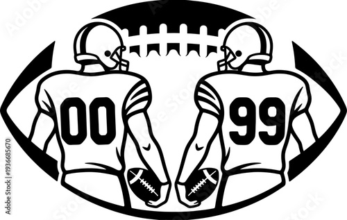 Two football players with balls in football frame back view