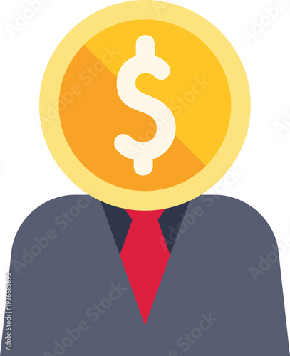 Businessman with a dollar coin head symbolizing financial success, investment, and profitable business