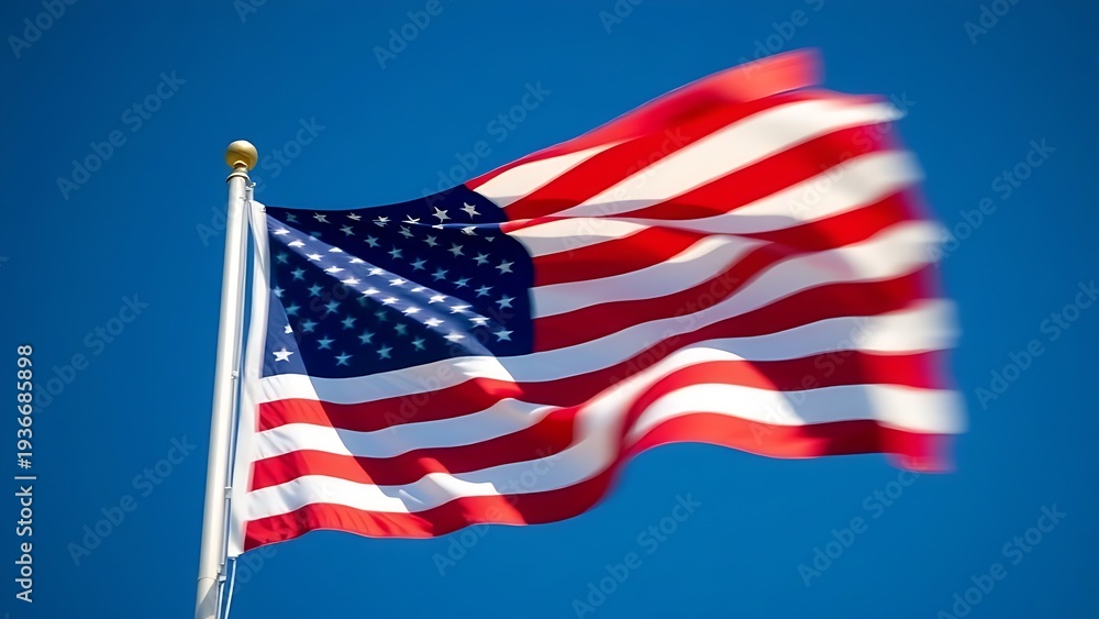 Naklejka premium A vibrant American flag flutters dramatically against a deep blue sky, embodying patriotic spirit.