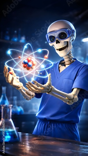 Futuristic Skeleton Scientist Holding Atomic Model in High Tech Laboratory
