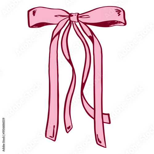 Pink coquette ribbon bow with long tails, elegant feminine accessory for fashion and beauty branding. Romantic satin knot for gift wrapping, wedding, valentine, stationery and packaging labels, logos.
