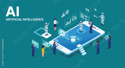Artificial intelligence isometric smartphone interface with people and robots, digital data processing technology,