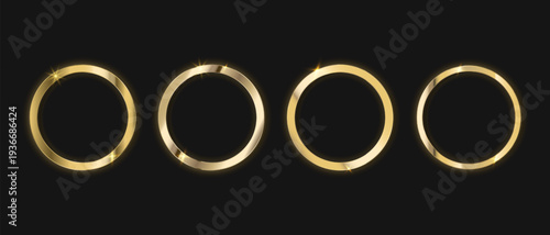 Gold metal medals and gold metal circle frames, Realistic 3d golden award badges set, Luxury round shining metal frames with glitters