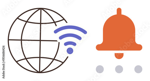 Global communication, internet notification, online updates, networking, connection alerts, data sharing. Globe with wireless signal and orange bell icon next to dots. Global communication