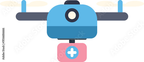 Drone quadcopter delivering a red cross medical kit, representing healthcare technology and emergency response