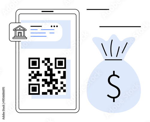 Digital payments, mobile banking, financial technology, secure transactions, online finance, cashless payments. Smartphone with QR code and money bag. Digital payments and mobile banking theme