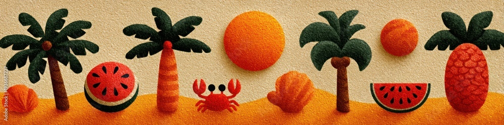 Fototapeta premium Colorful tropical beach illustration with palm trees sun crab watermelon lifebuoy and sand summer vector background Generative AI