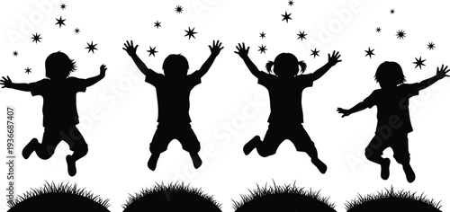 Black silhouettes of children jumping in the air with stars kids