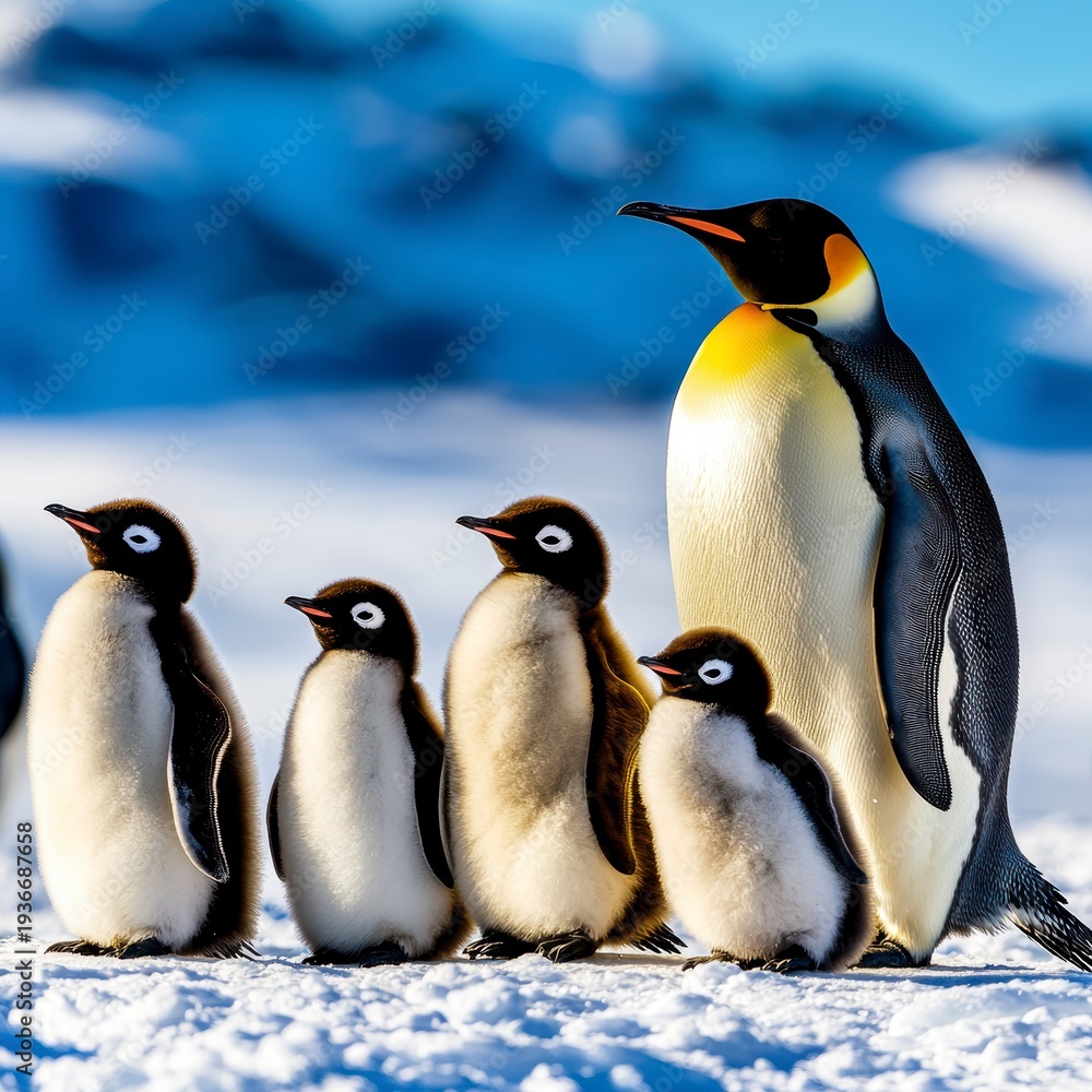 Obraz premium Emperor Penguin Family with Chicks in Antarctic Snow Illustration