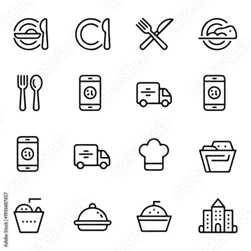 Food Delivery and Restaurant Line Icons Set – Online Order, Fast Delivery, and Dining Vector Collection
