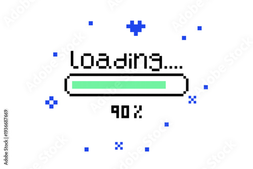 Pixel loading bar in 8-bit style. Retro user interface screen. Y2k digital download progress indicator with text Loading. Vintage video game interface element of installation, update, data processing 