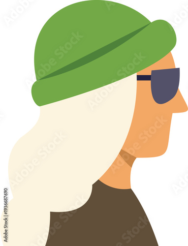 Person wearing a green beanie and sunglasses, looking right, drawn in a flat vector style