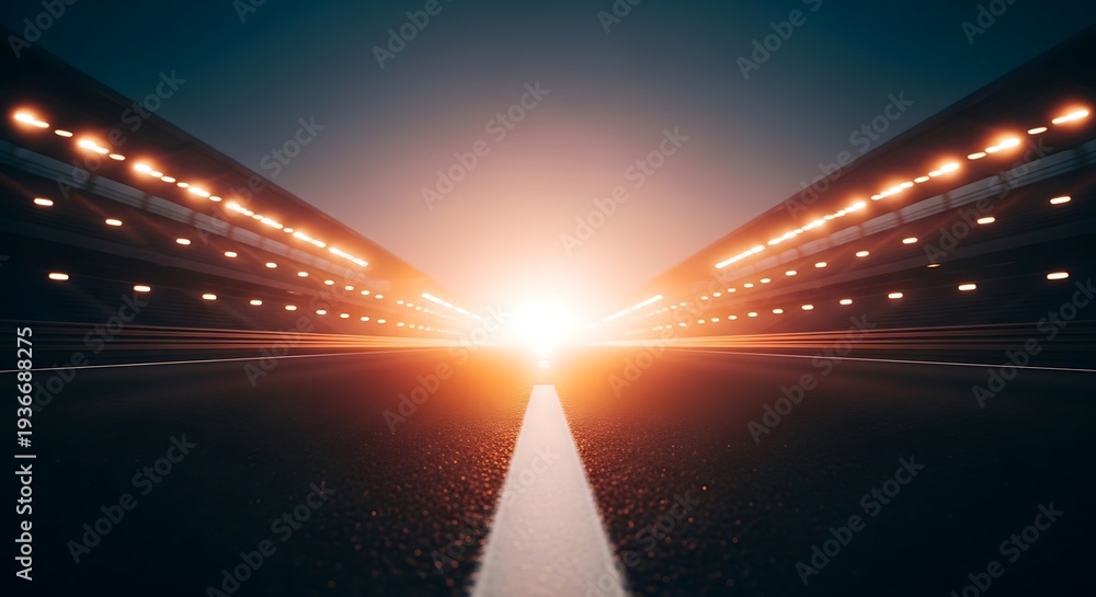Fototapeta premium Empty stadium, bathed in warm light, from the field. Dramatic perspective, night sky