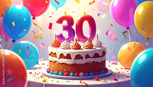 Birthday cake with number 30 on top surrounded by colorful balloons
