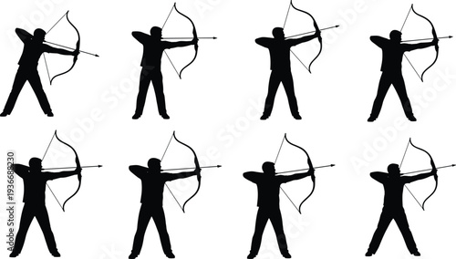 Black silhouettes of people shooting bows and arrows archery