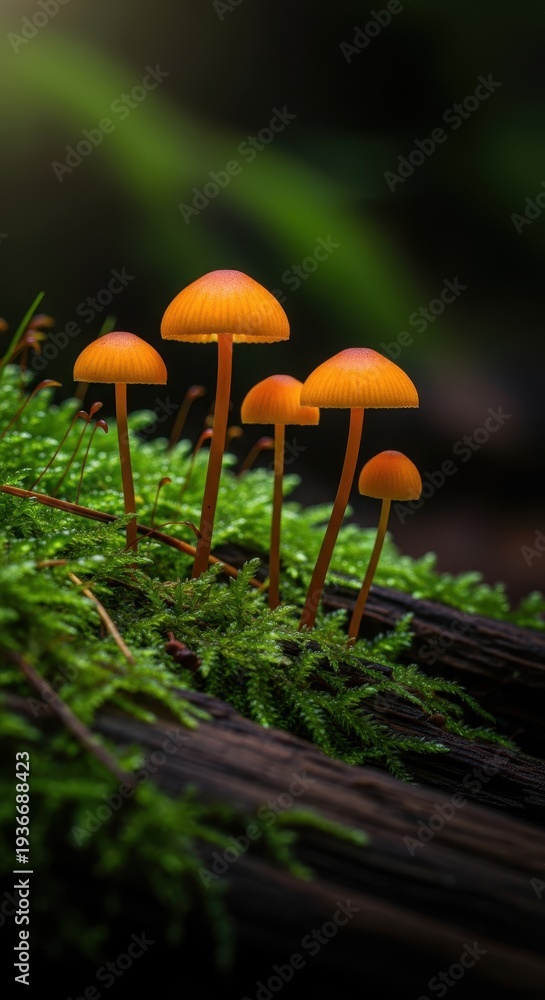 Fototapeta premium Captivating macro view of tiny bright orange wild mushrooms thriving on damp moss and decaying wood in a dark forest environment, decay, macro, outdoor