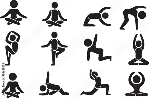 A collection of twelve simple black silhouette icons depicting various yoga and meditation poses