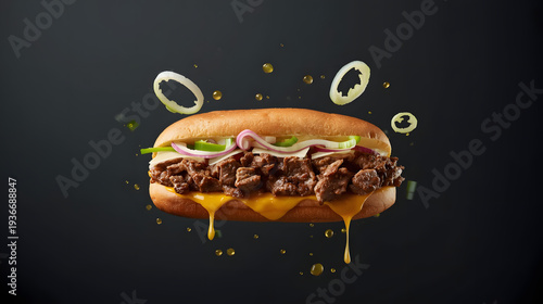 A juicy beef sandwich with melted cheese and onions floating in mid-air against a dark background