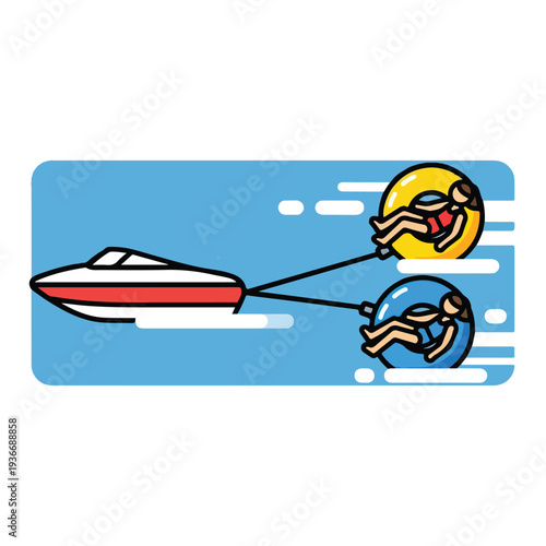 People being towed behind a speedboat on water skis with happy faces on a sunny day