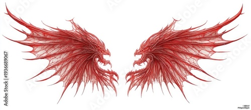 Two detailed, red dragon-like wings, facing each other against a white background