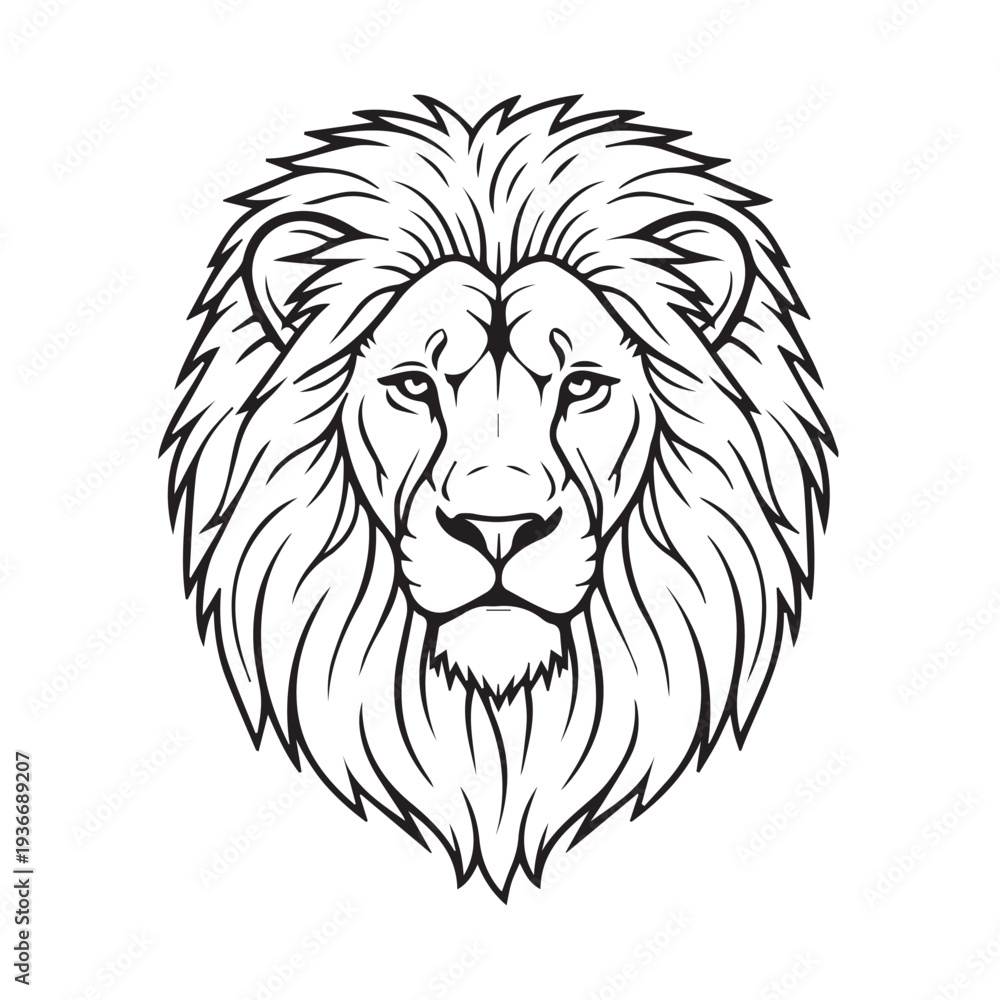 Fototapeta premium Majestic lion head with shaggy mane looking forward, black and white illustration