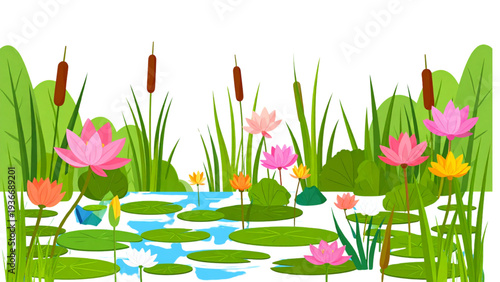 Aquatic plant illustration, cartoon lily pads, blooming water flowers, green reeds, marsh vegetation, pond flora, flat design vector, lake