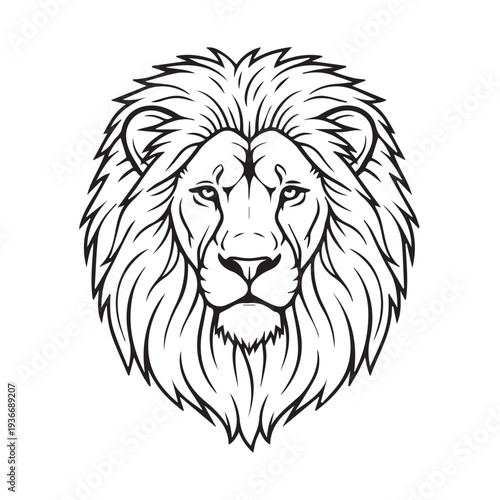 Majestic lion head with shaggy mane looking forward, black and white illustration