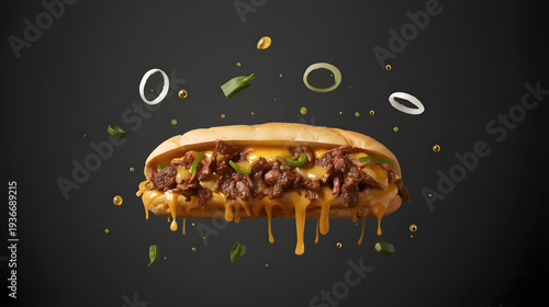 A cheeseburger with melted cheese and onions falling apart, viewed from the front, on a dark background