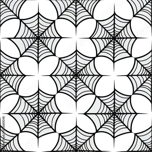 A symmetrical pattern of black spider webs on a white background viewed from directly above with intricate illustrations