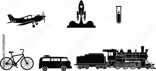 Collection of transportation vector icons: bicycle, airplane, train, van, rocket, and test tube, in a minimalist design