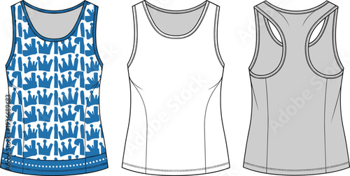 Blue and white tank tops with crown pattern and solid colors sleeveless shirts women's clothing fashion