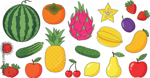 Fresh fruit collection with watermelon pineapple dragon fruit mango apple pear strawberry and cherry, colorful healthy food flat vector illustration set