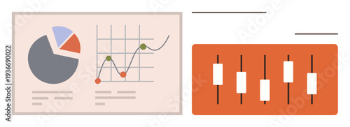 Data analysis, financial reports, investment strategies, market trends, business insights, economic studies. Pie and line charts alongside candlestick graph. Financial reports and investment