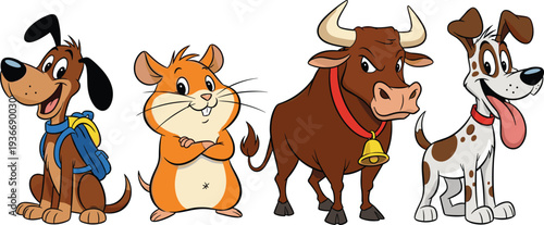 Cartoon animals dog hamster bull and dog