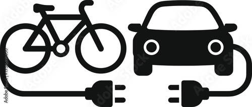 Stylized black and white icons of electric bicycle and car with plug connection, symbolizing eco-friendly sustainable transportation and energy design.