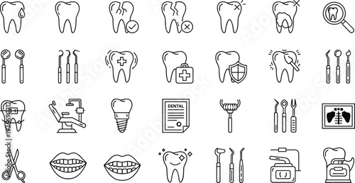 Dental care and dentistry line icon set including tooth, toothbrush, dental tools, implant, protection, cleaning, and oral hygiene medical vector illustration collection