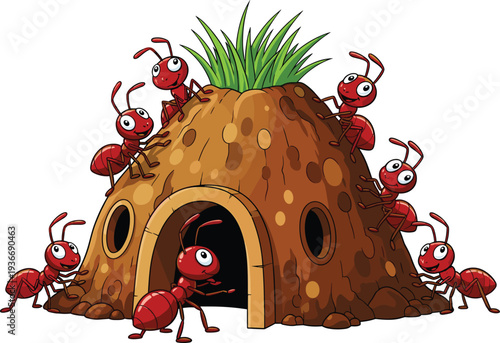 Cartoon ants around anthill with grass on red ants insects