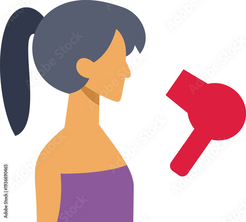 Woman in a towel drying her hair with a red hairdryer, illustrating beauty and styling