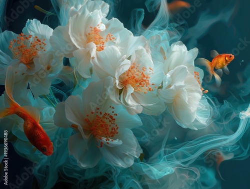 White flowers and vibrant goldfish swimming amidst blue ethereal smoke, creating a beautiful underwater dreamscape.