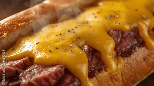 A close-up view of a cheesesteak sandwich with melted cheese and seasoned meat
