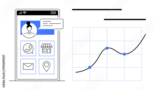 Digital marketing, user engagement, analytics, e-commerce, communication, business planning. Smartphone showing messaging, app icons and graph analysis. Digital marketing and user engagement concept