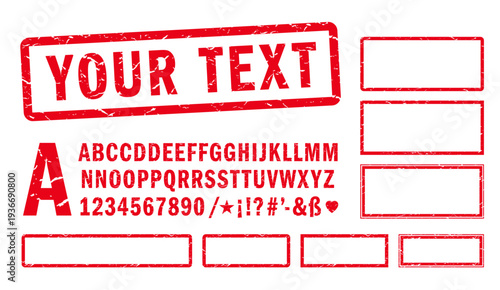 Alphabet, numbers and symbols to create a custom red stamp impression. Different doubled letters. All elements separate. Transparent background.