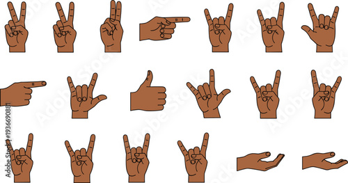 Hand gesture collection with pointing thumbs up peace sign rock symbol and open palm, human hand signs flat vector illustration set