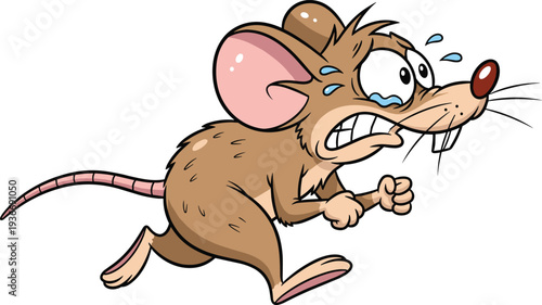 Cartoon brown mouse running with fearful expression and sweat drops rodent frightened